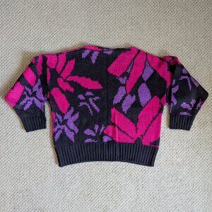 Vintage Abstract Floral Sweater – Bold Pink & Purple on Black by St Michael